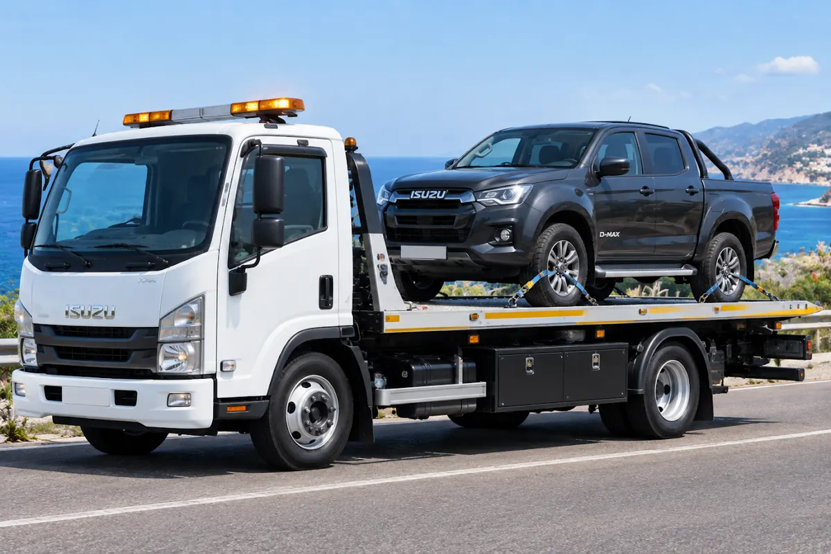 Grúa plataforma con un pick-up cargado, en una carretera junto al mar