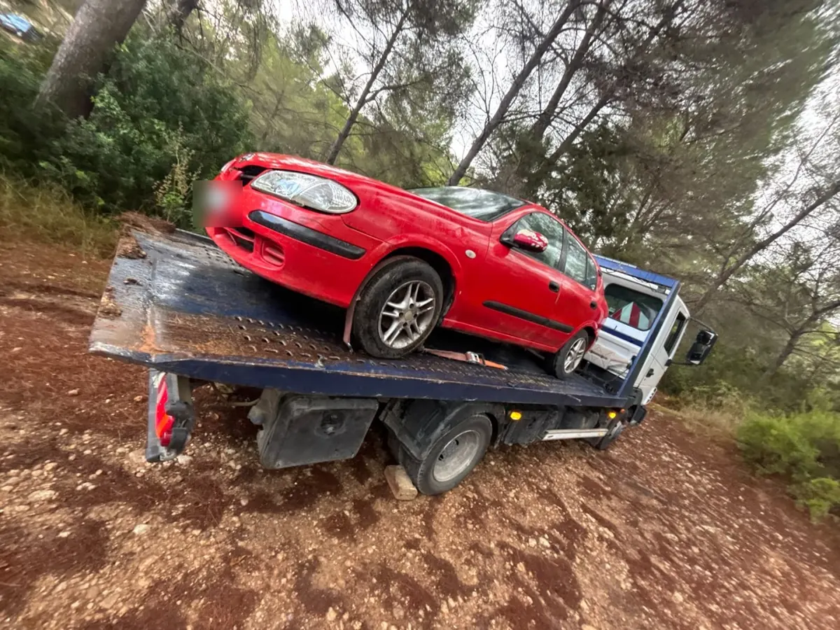 Coche rojo cargado en la grúa plataforma en un camino de tierra entre pinos